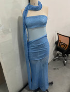 Sequins Off Shoulder Dress With Cinched Waist Sheer Ribbon Pleated Long Sleeves Glam