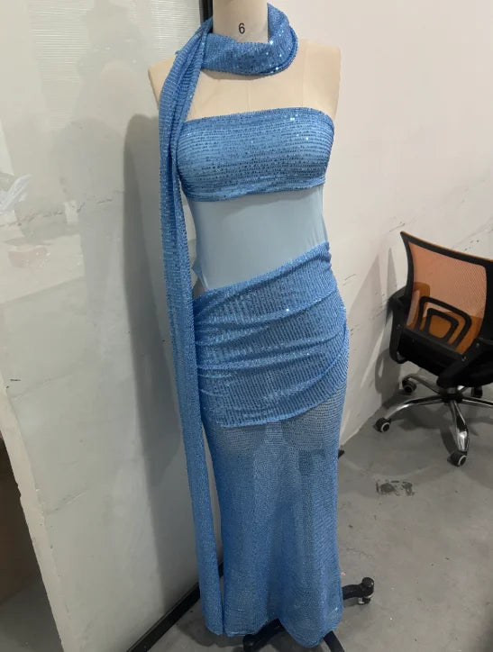 Sequins Off Shoulder Dress With Cinched Waist Sheer Ribbon Pleated Long Sleeves Glam