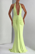 Deep V-Neck Backless Ruched Maxi Dress Halter Gown