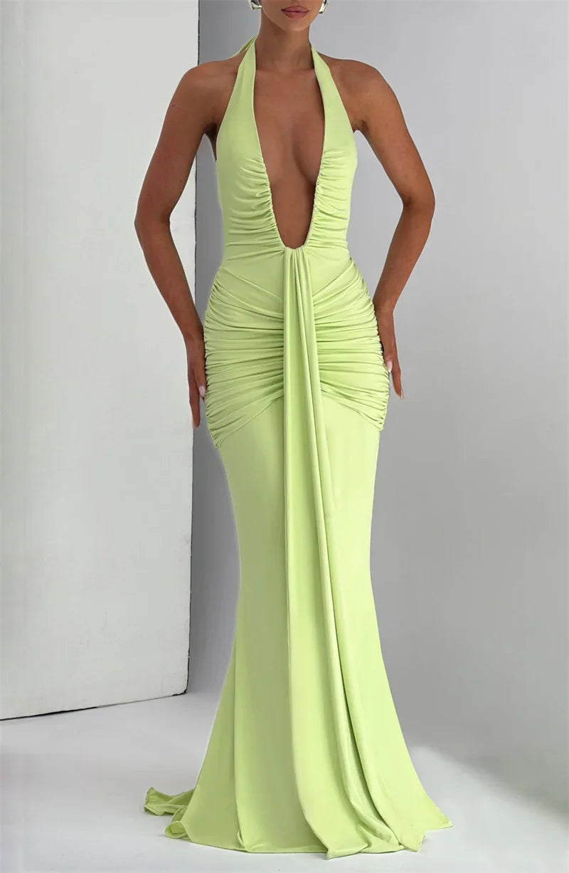 Deep V-Neck Backless Ruched Maxi Dress Halter Gown