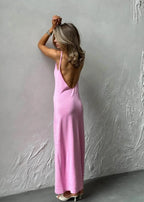 Elegant Deep V Knit Maxi Dress With Backless Suspender Detail