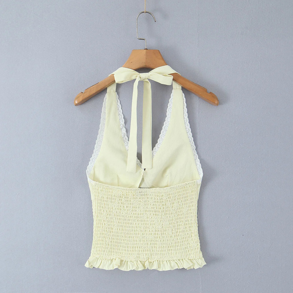 Sweet Girl Sexy Backless Halter White Lace Trim Fitted Crop Top