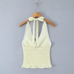 Sweet Girl Sexy Backless Halter White Lace Trim Fitted Crop Top