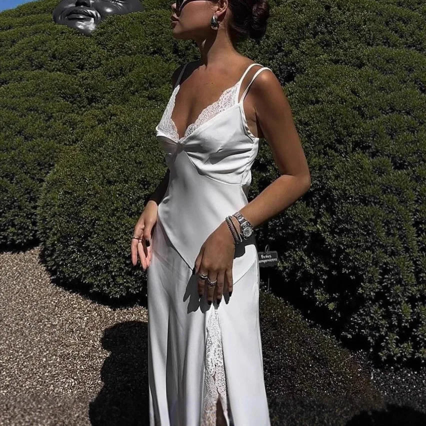 Lace Trim Maxi Dress With Spaghetti Straps And Slit
