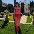 Gradient Flowy Chiffon Three Piece Set With Tube Top Tiered Skirt And Sheer Scarf