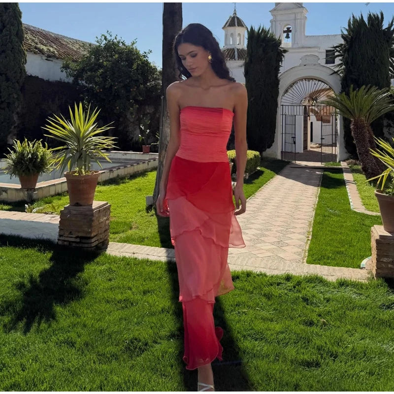 Gradient Flowy Chiffon Three Piece Set With Tube Top Tiered Skirt And Sheer Scarf