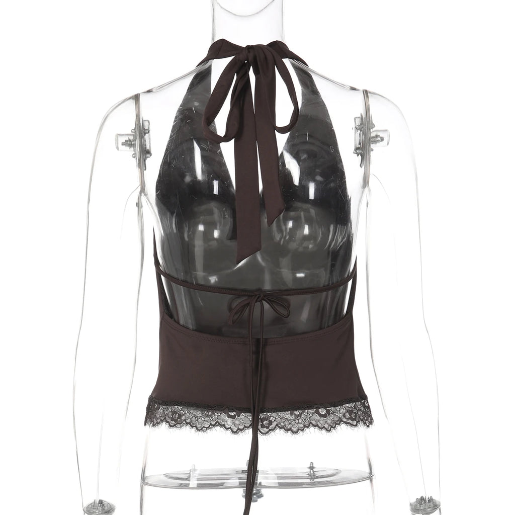 Backless Halter Knit Tank With Lace Up Details And Swing Collar