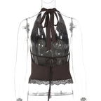 Backless Halter Knit Tank With Lace Up Details And Swing Collar