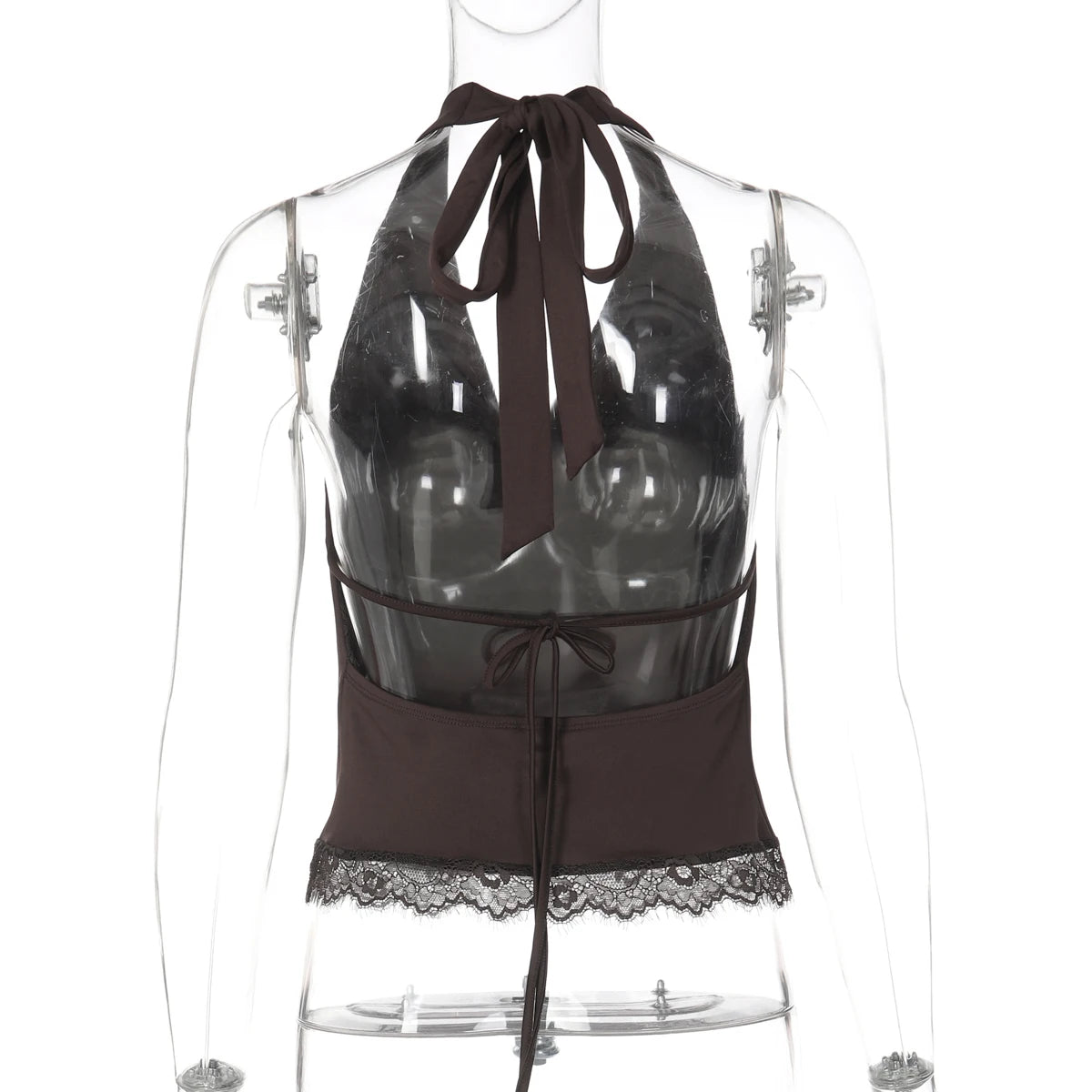 Backless Halter Knit Tank With Lace Up Details And Swing Collar