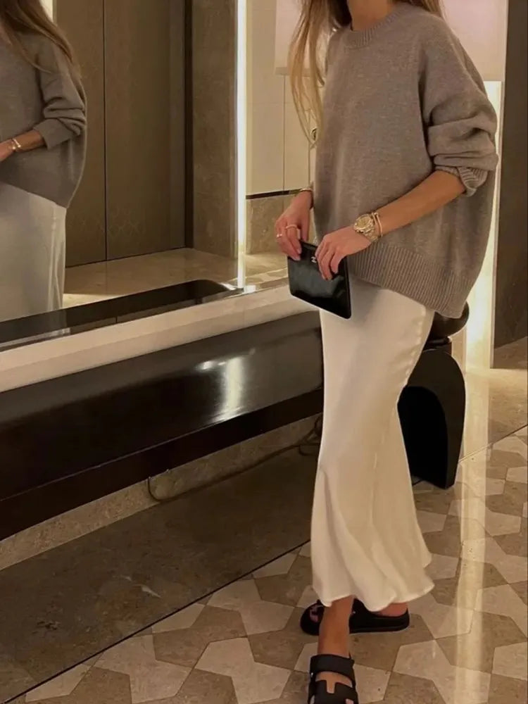 Satin High Waist Midi Skirt With Flair