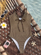 Striped Plaid V Neck  One Piece Swimsuit Female Frilled High Leg Cut Padded