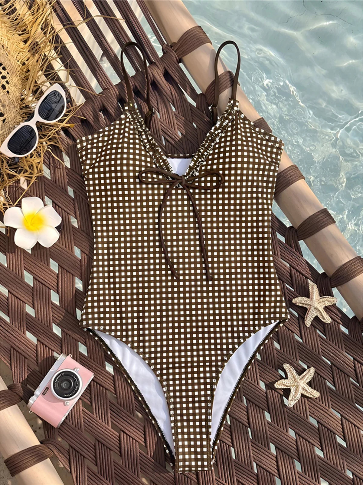 Striped Plaid V Neck  One Piece Swimsuit Female Frilled High Leg Cut Padded