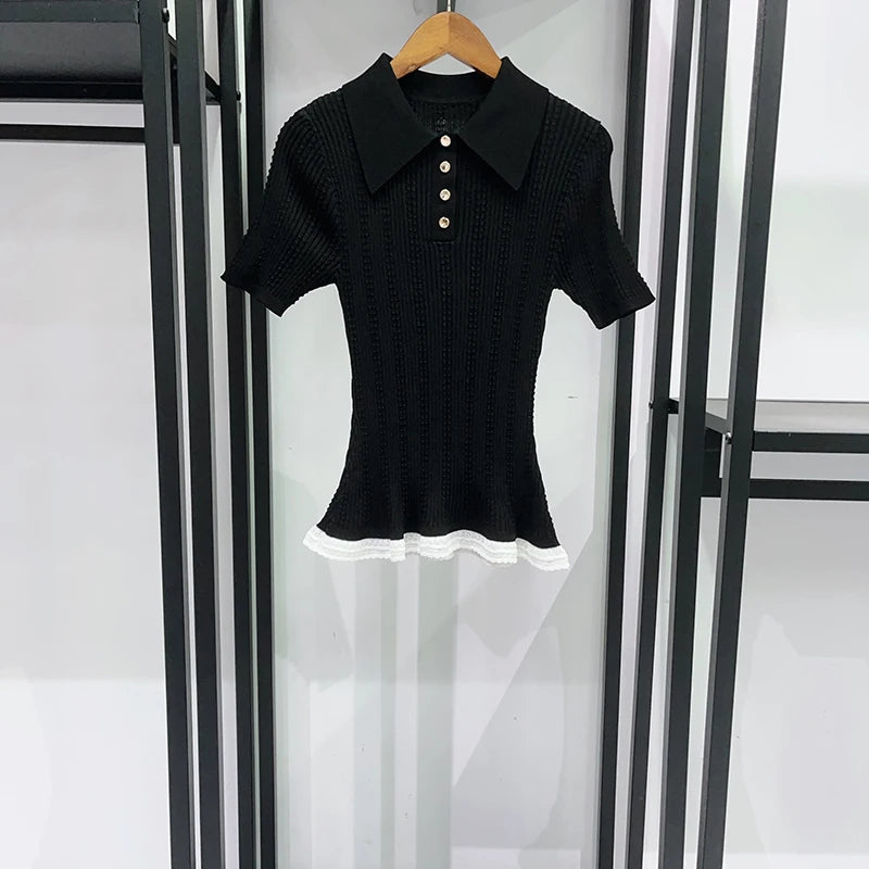 French Hem Lace Stitching Twist Knit Sweater With Turn Down Collar Slim Short Sleeve Top