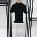 French Hem Lace Stitching Twist Knit Sweater With Turn Down Collar Slim Short Sleeve Top
