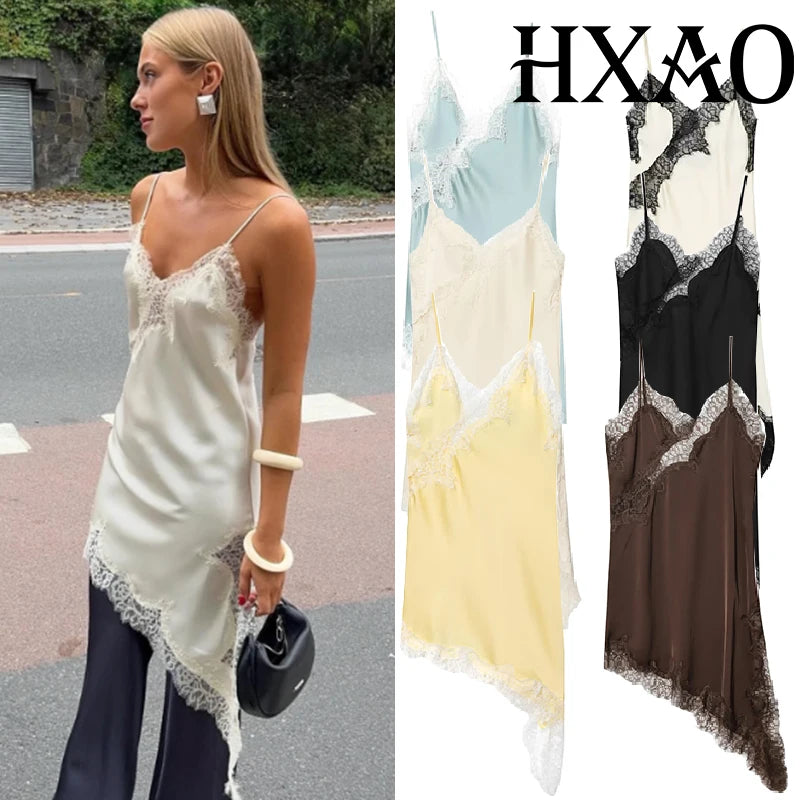 Satin Elegant Backless Lace Slip Dress