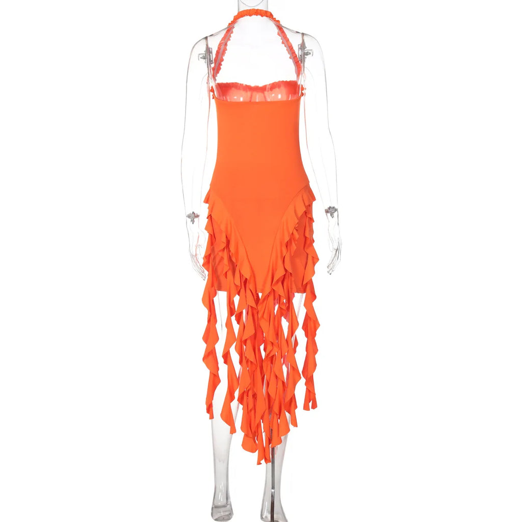 Elegant Halter Backless Ruffles Mini Dress Slim Fit With Tassel Detail
