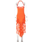Elegant Halter Backless Ruffles Mini Dress Slim Fit With Tassel Detail