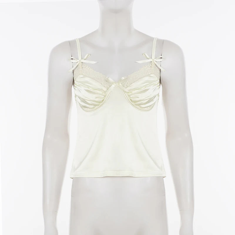Backless Lace-trimmed V Neck Top Sleeveless Bow Spaghetti Strap Camisole