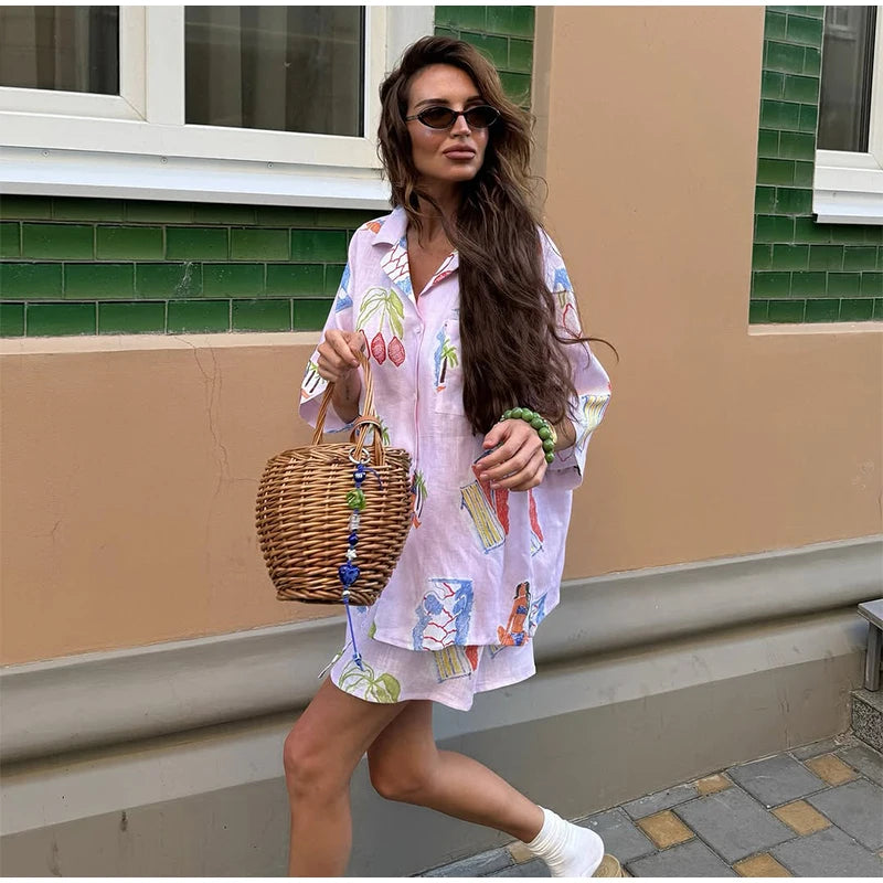 Dreamy Abstract Print Camp Collar Shirt And Shorts Matching Set