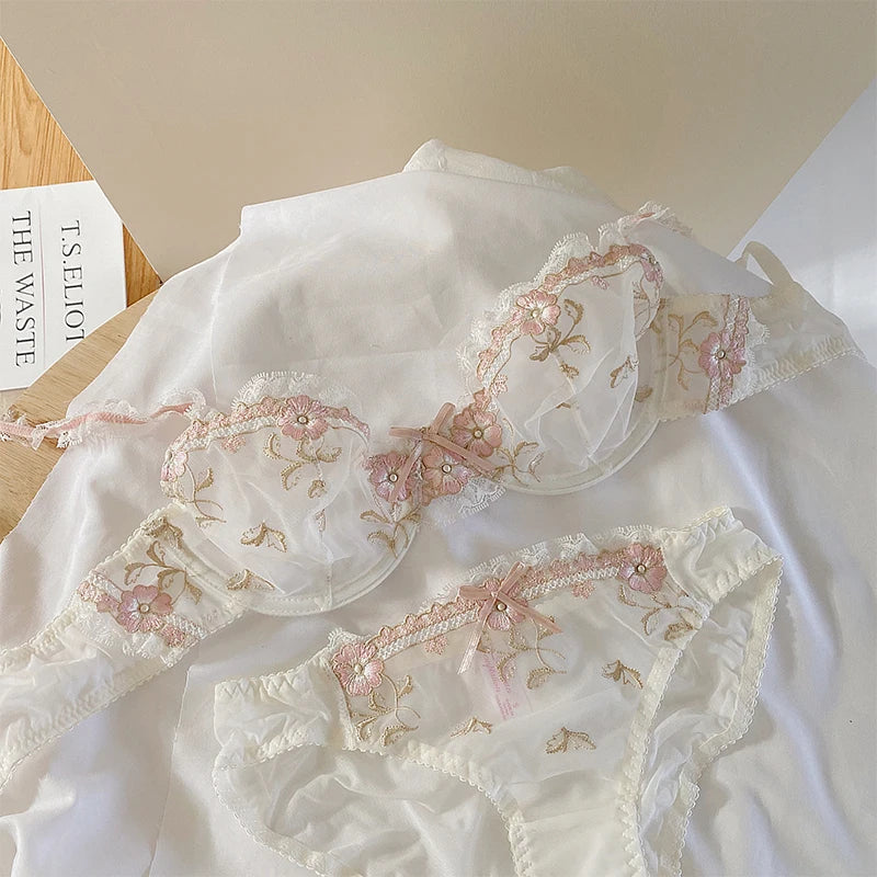 Lace Set With Embroidered Details Two-piece Sheer Push Up Bra And Matching Briefs