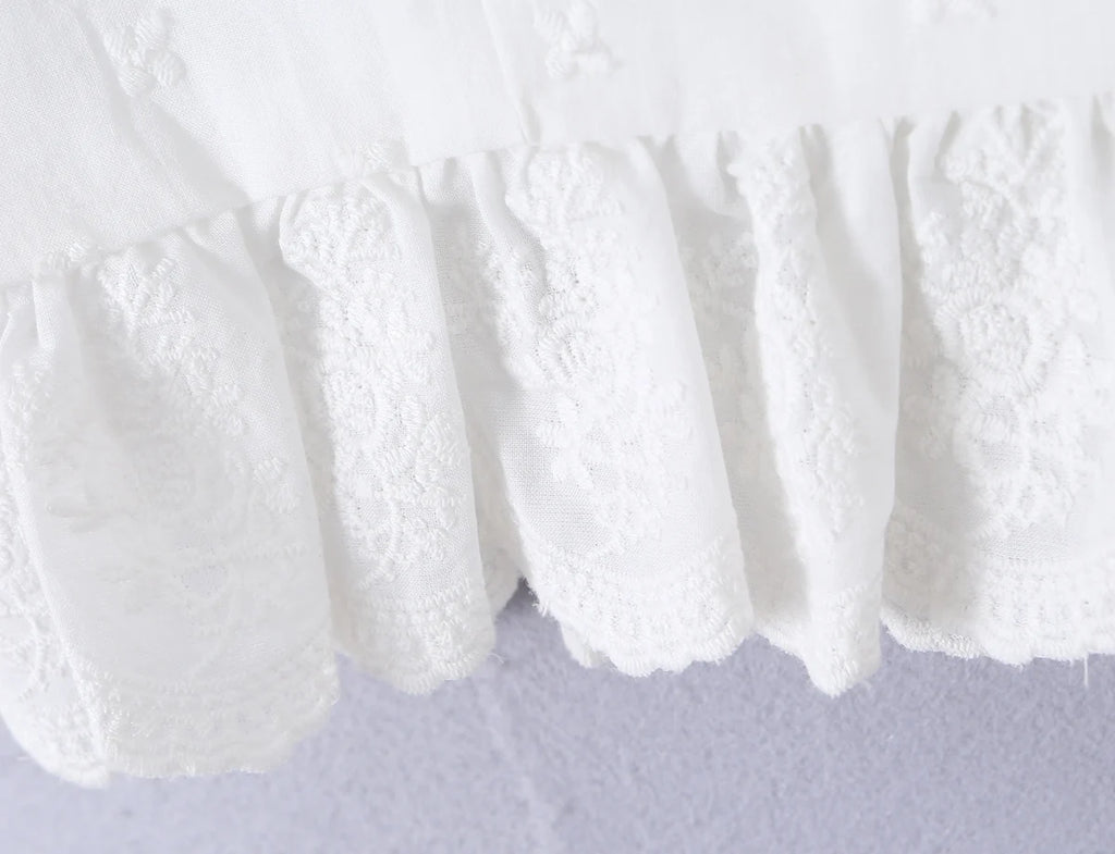 Sweet White Embroidered Floral Crop Shirt With V Neck Puff Sleeves And Ruffle Hem Slim Fit
