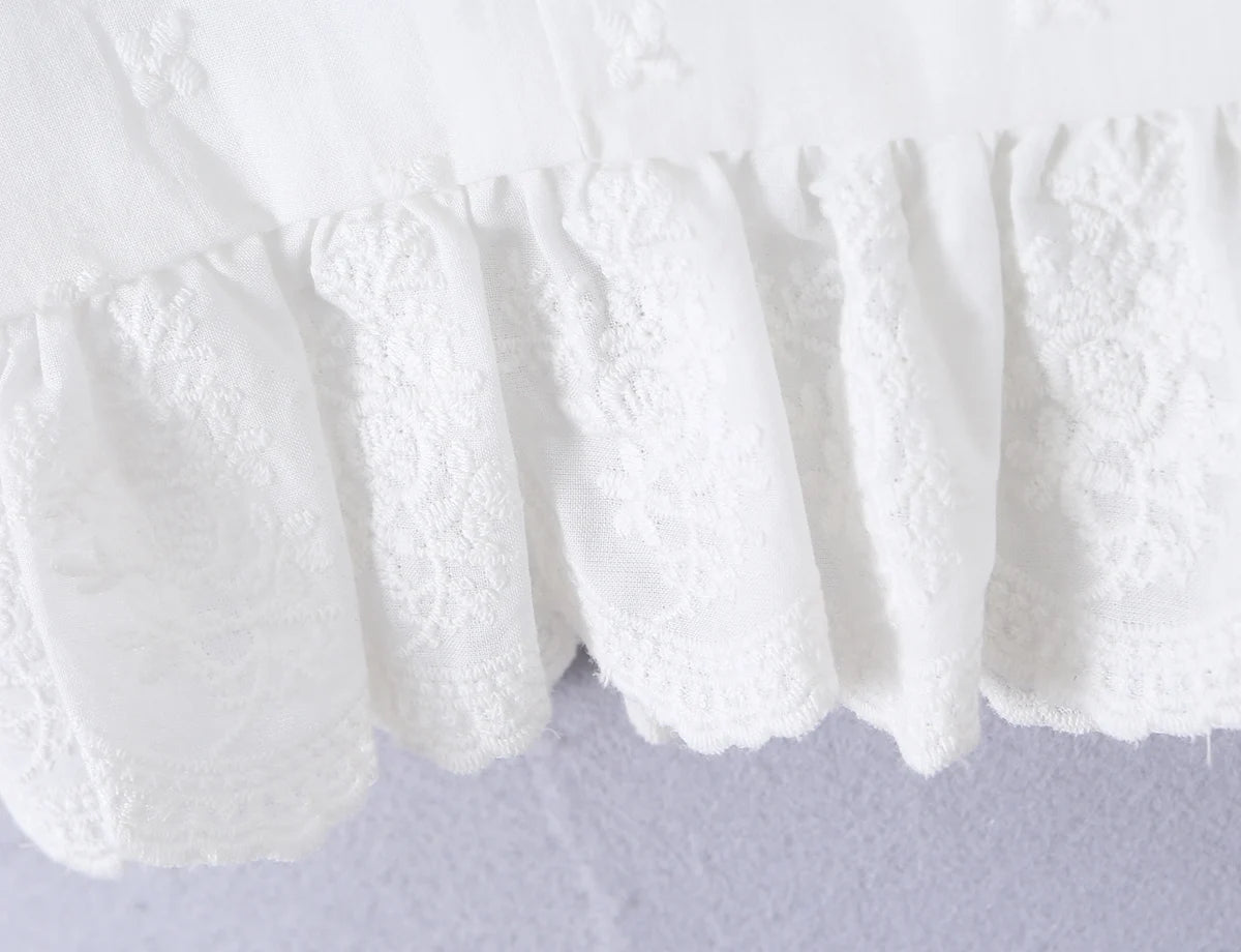 Sweet White Embroidered Floral Crop Shirt With V Neck Puff Sleeves And Ruffle Hem Slim Fit