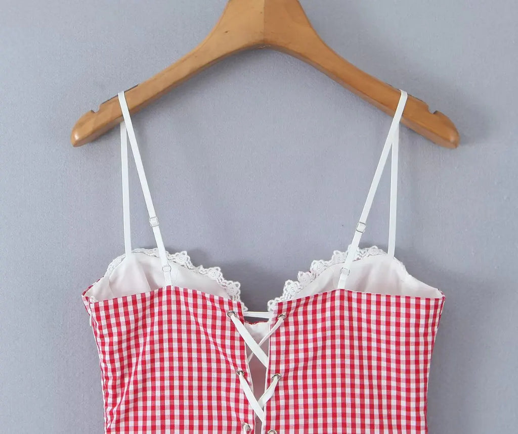 Sexy Women Plaid Spliced Sling Mini Summer Dress Lacing Up Bandage Back A-line Cotton Dress