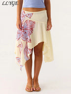 Boho Printed Long Skirt With High Waist And Irregular Hem Tassel Detail