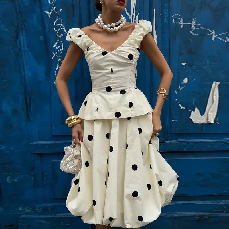 Fashion Women's Lady Suit Halter A-line Tops Bud Loose Skirt Polka Dot Set
