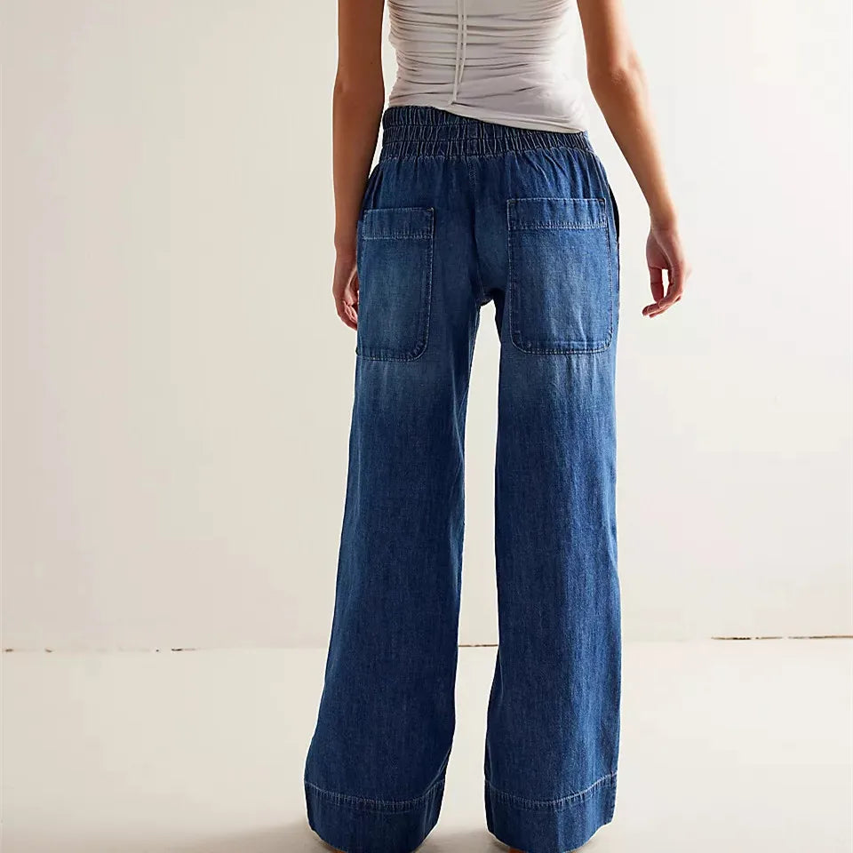 Denim Pull-On Jeans With High Waist Baggy Straight Leg Stretchy Full Length Trousers Nineties Inspired Streetwear