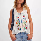 Cotton Floral Embroidered Tank Top Sleeveless Blouse