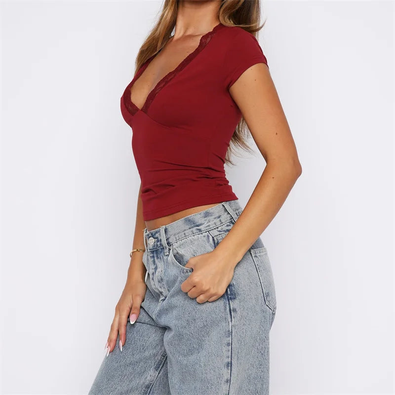 Lady Camisole Slim Fit Crop Top Summer Lace Trim Shirt Short Sleeve V Neck Tee