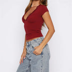 Lady Camisole Slim Fit Crop Top Summer Lace Trim Shirt Short Sleeve V Neck Tee