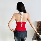 Letter Print Two Piece Halter With Wrapped Chest Tops Backless