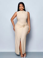 Plus Size High Neck Sleeveless Split Twist Textured Floor Length Knit Dress