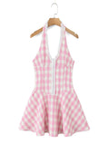 Sweet Plaid Sleeveless Backless Vintage Mini Dress With Halter Neck Slim