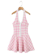Sweet Plaid Sleeveless Backless Vintage Mini Dress With Halter Neck Slim