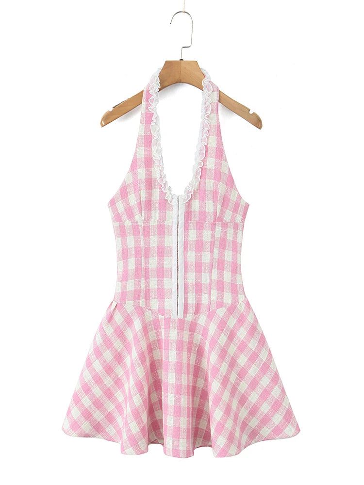 Sweet Plaid Sleeveless Backless Vintage Mini Dress With Halter Neck Slim