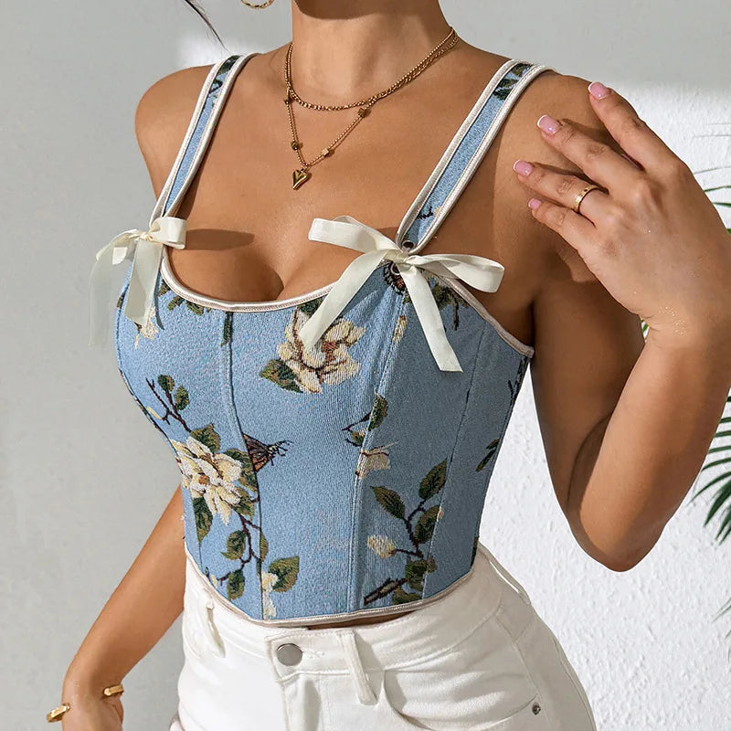 French Floral Print Corset Top With Double Straps Vintage Bustier Shaper