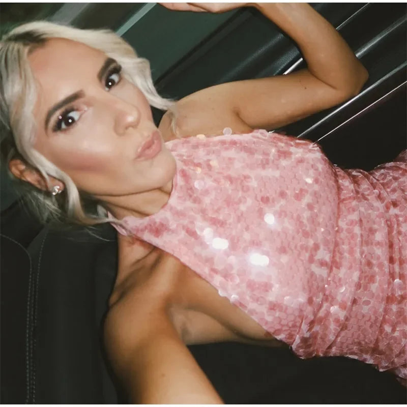 Glam Sequin Halter Mini Dress Backless Party Gown