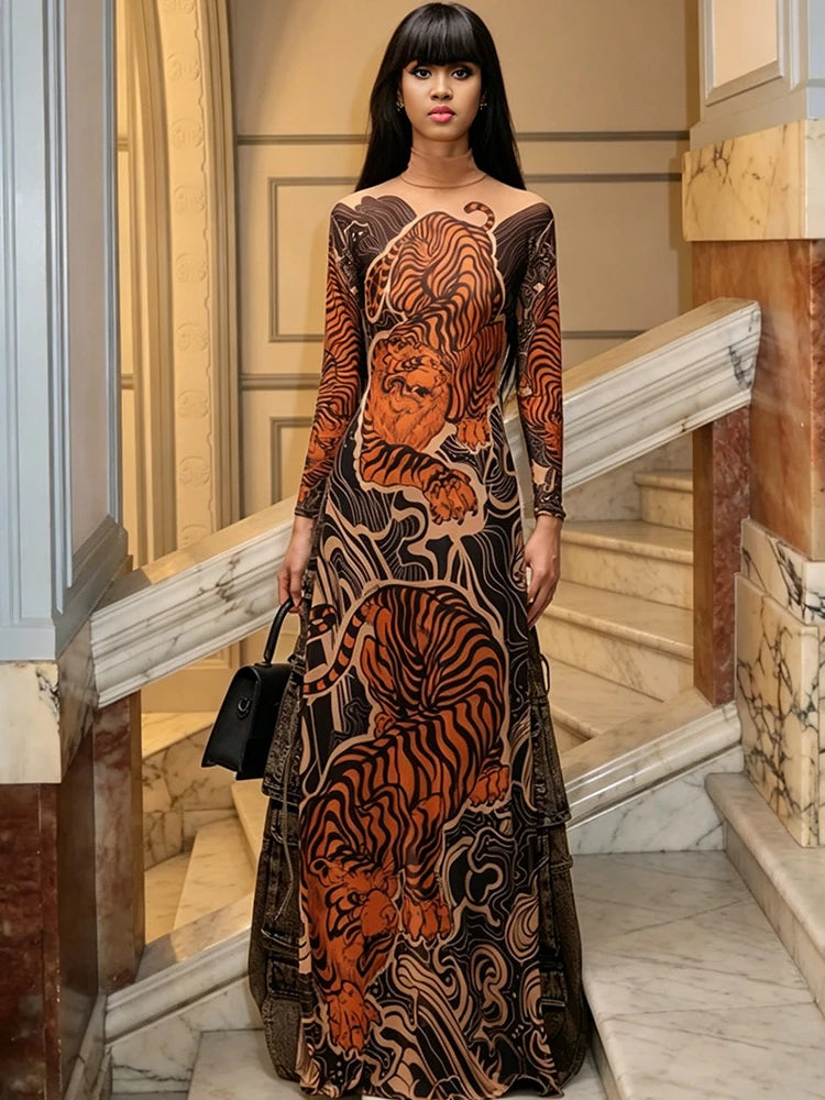 Tiger Print Sheer Long Sleeve Top With High Neck And Slits Street Style