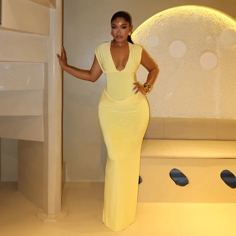 Sleeveless Ruched V Neck Bodycon Maxi Dress