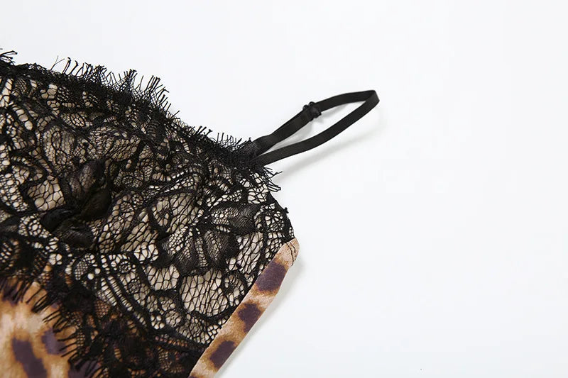 Leopard Patchwork Lace Mini Dress With Spaghetti Straps High Waist