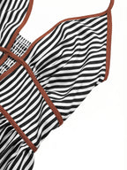 Sea Breeze Striped Deep V Beach Dress With Backless Sleeveless Maxi