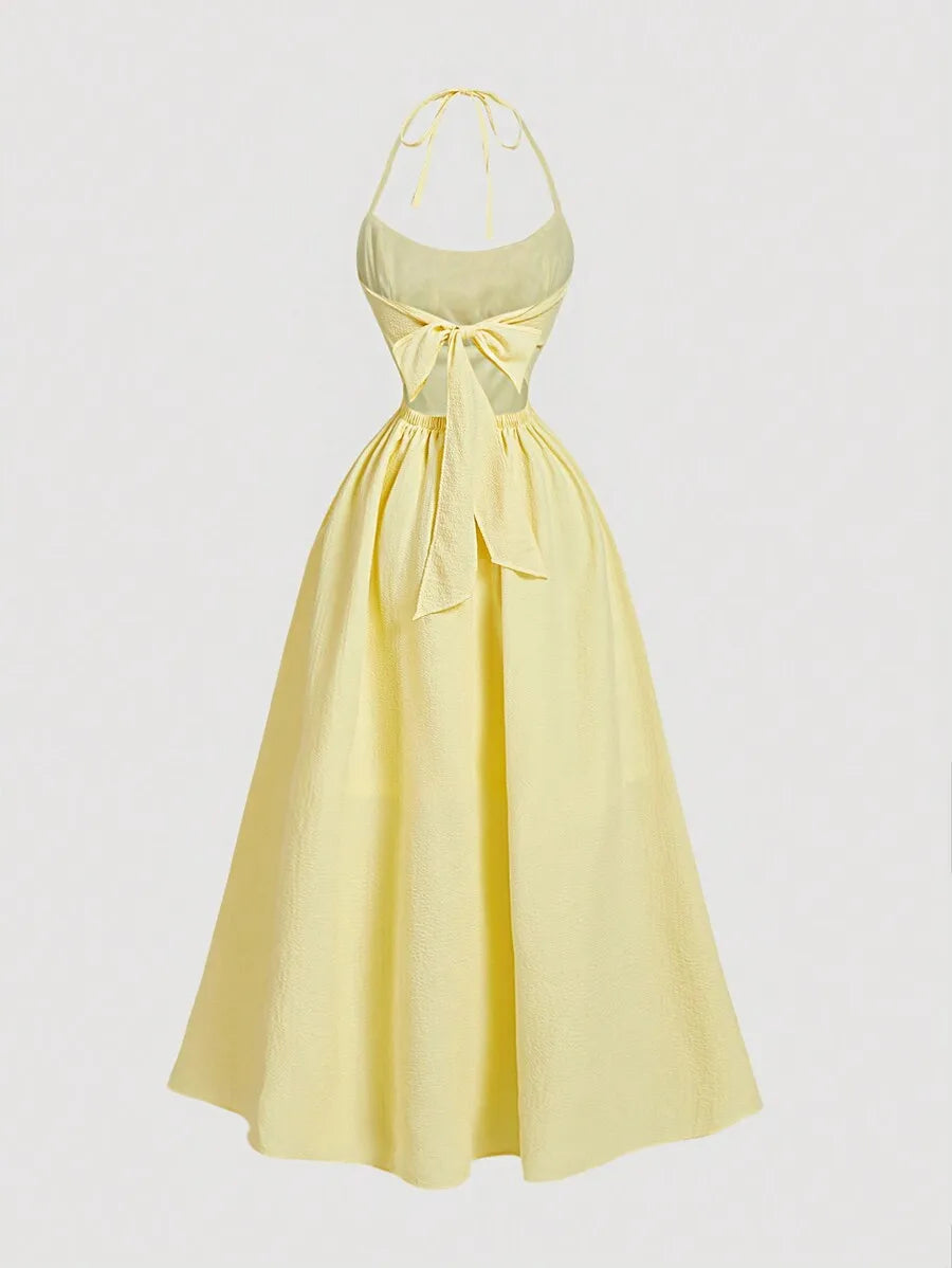 Halter Backless Midi Dress With Bowknot Waist Tie A Line
