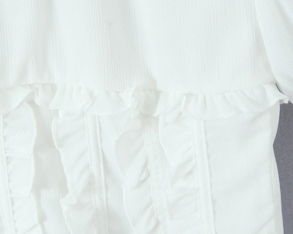 Sunlit Vintage Puff Sleeve V Neck White Chiffon Crop Top Blouse