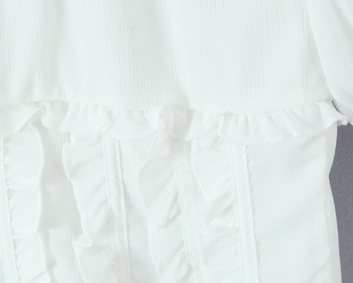 Sunlit Vintage Puff Sleeve V Neck White Chiffon Crop Top Blouse