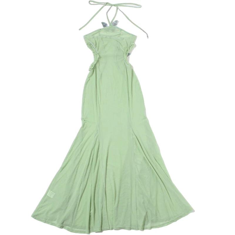 Sheer Halter Dress With Butterfly Appliques Hollow Ruffle Details Elegant Gown