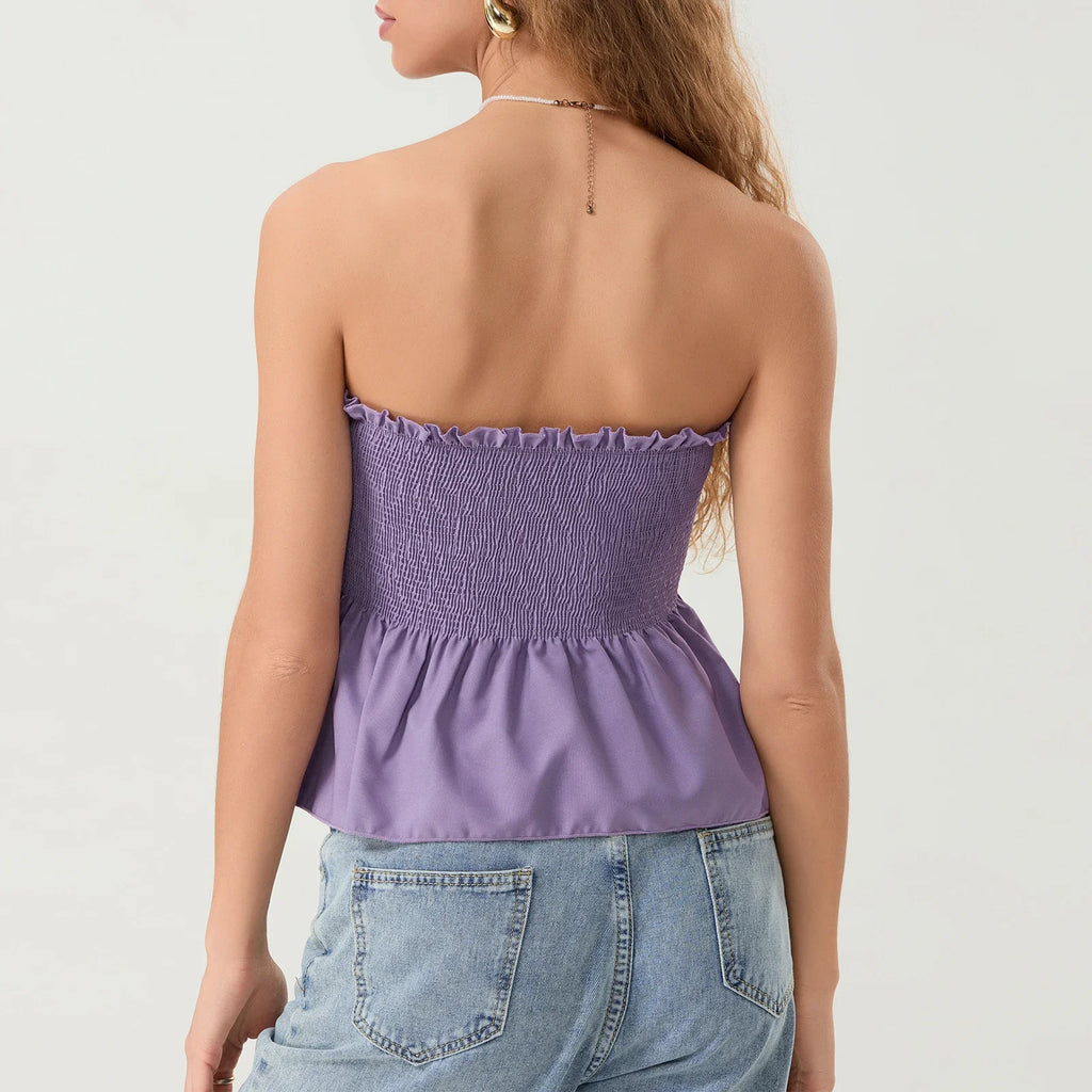 Women Floral Bow Crop Top With Ruffles And Backless Strapless Tank