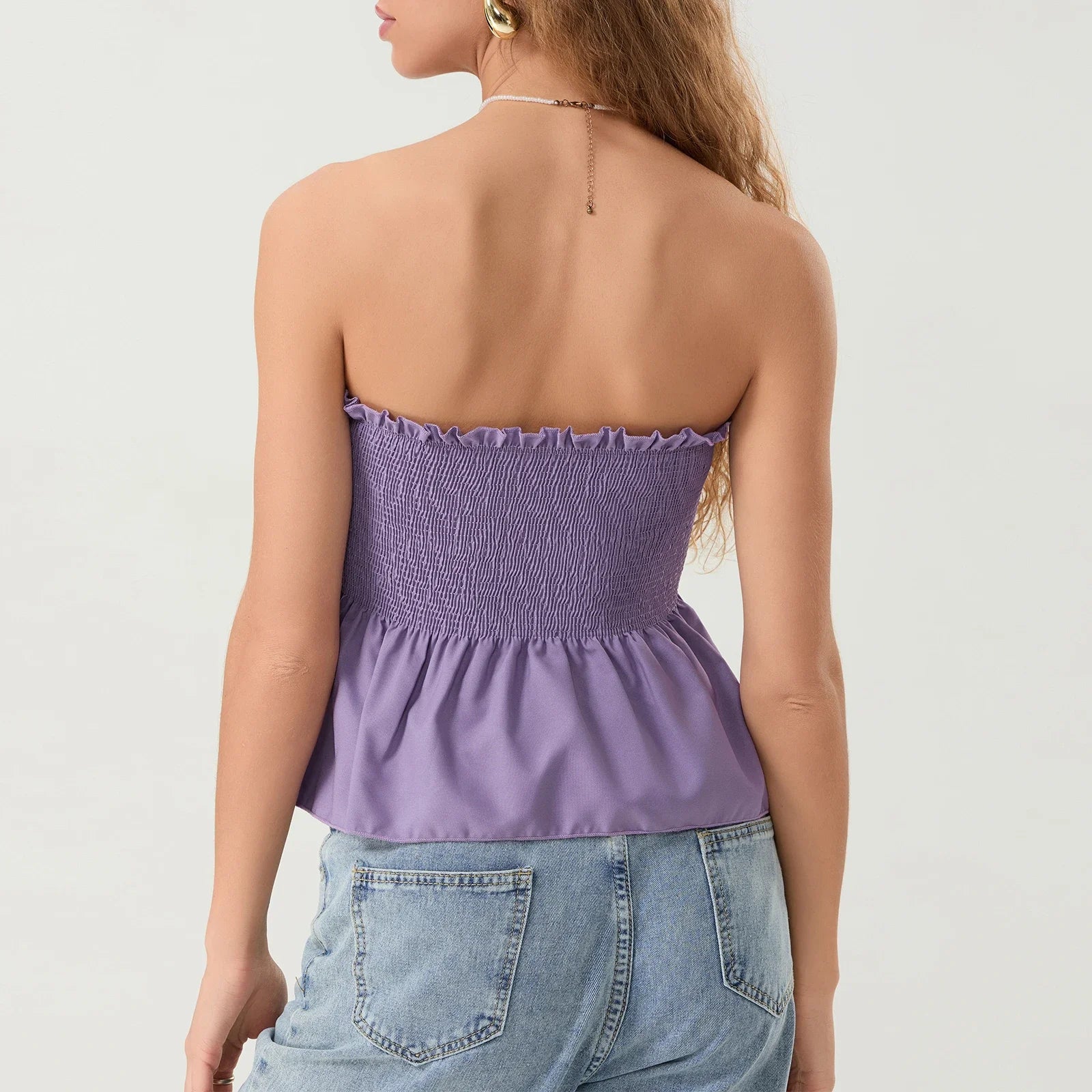 Women Floral Bow Crop Top With Ruffles And Backless Strapless Tank